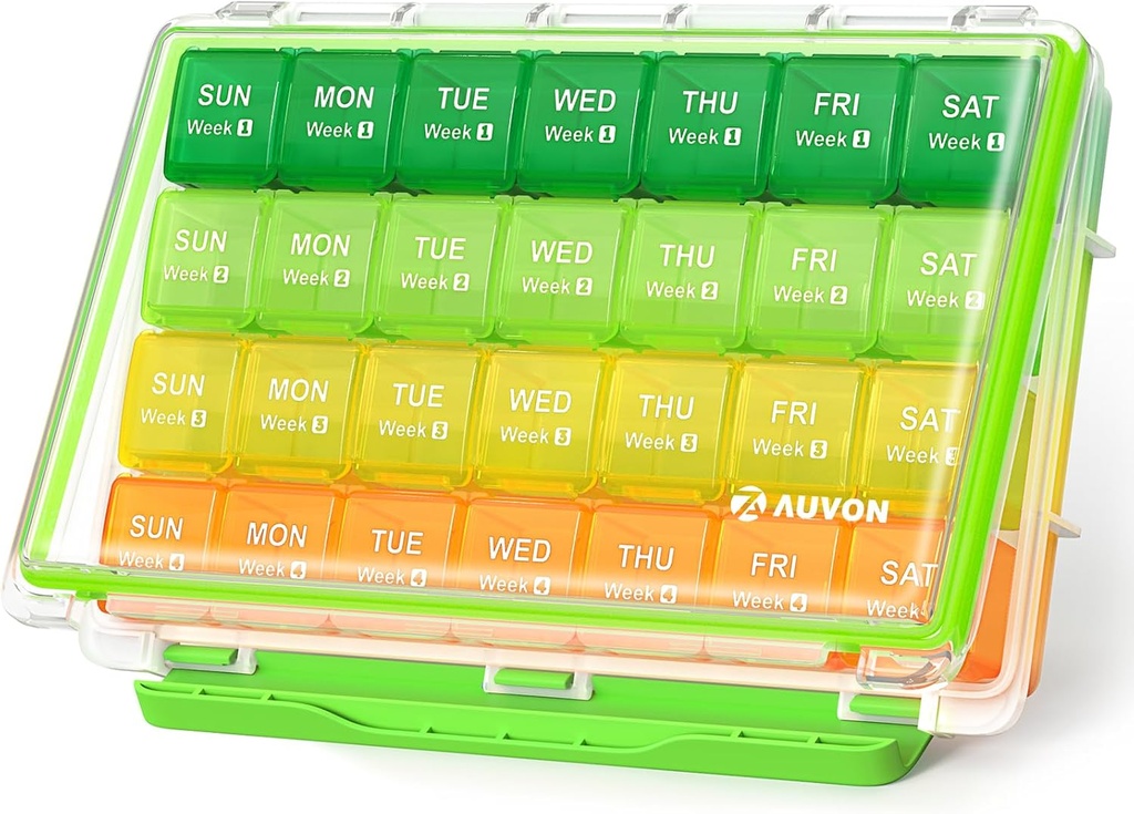 AUVON Moisture- Proof Månedlig Pill Organizer, Stor 28 dages Pill Box sag med Aftagelige 4 uger Medicin Organizer rækker, Rejsevenlig at Store Fiskeolier, Vitaminer, Kosttilskud, Medicin