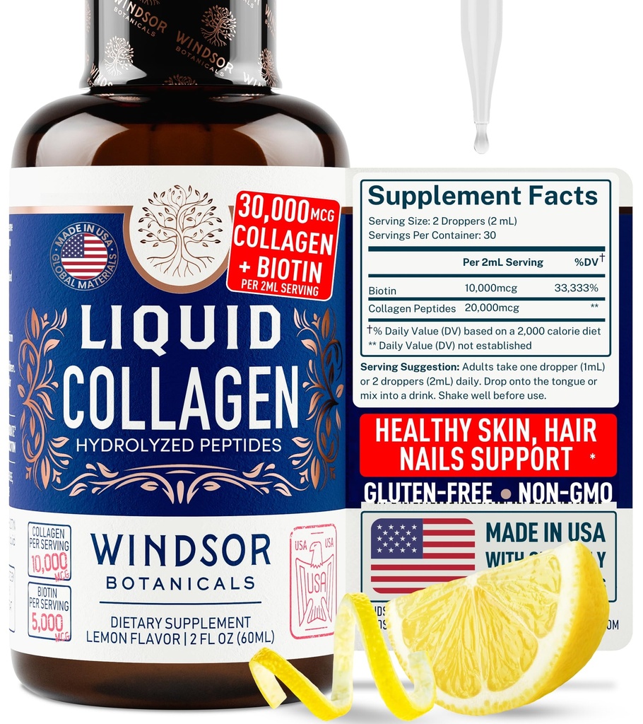 Koncentreret flydende collagen peptider Supplement - 30,000mcg Hydrolyzed flydende collagen til kvinder plus biotin hår, hud, neglestøtte - Sublingual Direct Drops eller i drikkevarer - Natural Lemon Drink 2 oz