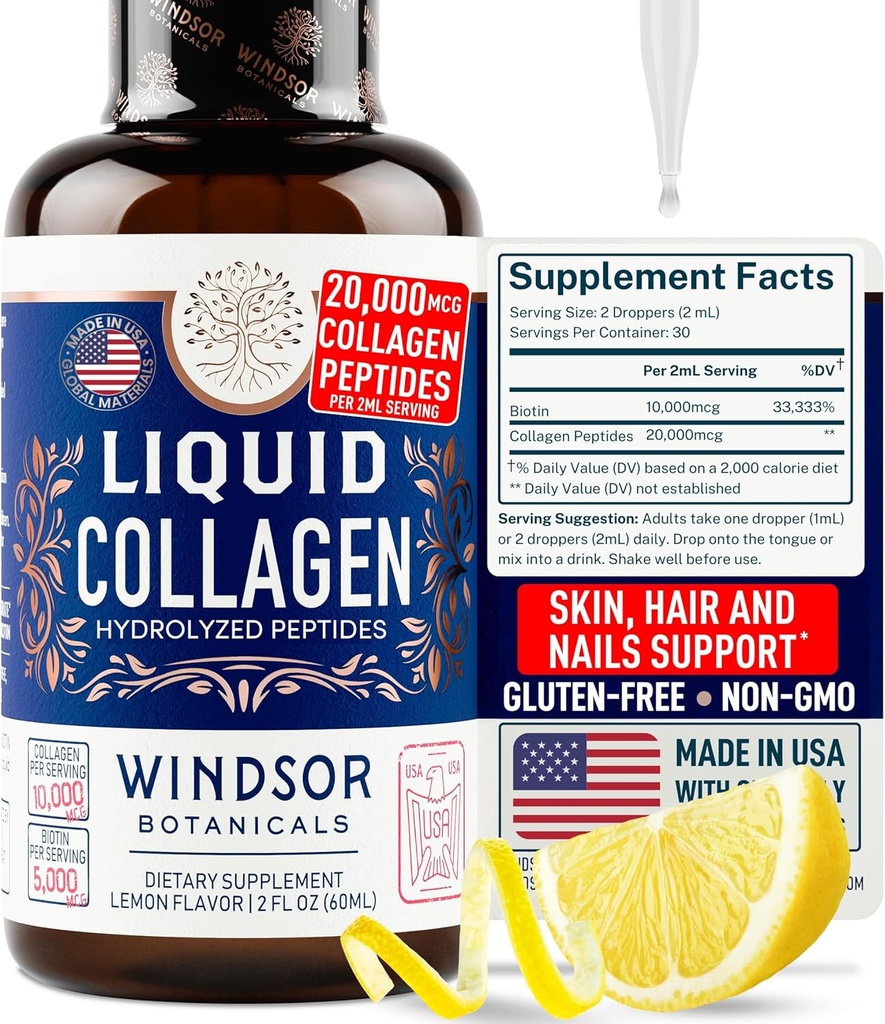 Koncentreret flydende collagen peptider Supplement - 30,000mcg Hydrolyzed flydende collagen til kvinder plus biotin hår, hud, neglestøtte - Sublingual Direct Drops eller i drikkevarer - Natural Lemon Drink 2 oz