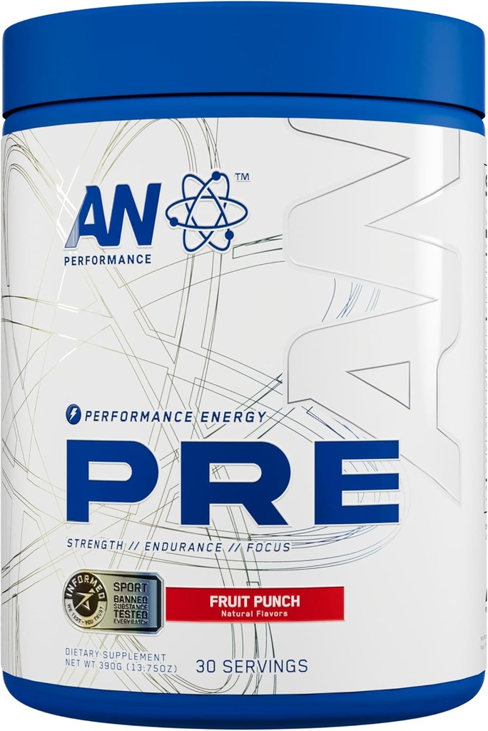 AN Performance Pre- Workout Powder Supplement for mænd & kvinder; Energy Drink Mix med 300 mg koffein + Beta Alanine + Citrullin • 124; Third- Party Testet med 124; Fruit Punch • 124; 30 Serveringer