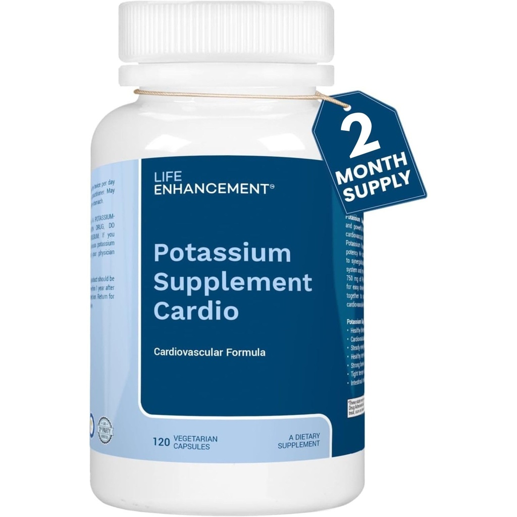 Life Enhancement Cardio Kalium Supplement understøtter muskel, nerve & hjerte-kar sundhed - 750 mg kalium bicarbonat fremmer med ingen tilsætningsstoffer og er fremstillet i USA (120 kapsler - 60 Servere)
