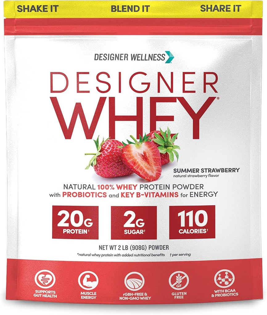 Designer Wellness, Designer Whey, Natural Whey Protein Powder med Probiotika, Fiber, og Key B- Vitaminer til energi, Gluten- fri, Sommer Strawberry, 2 LB