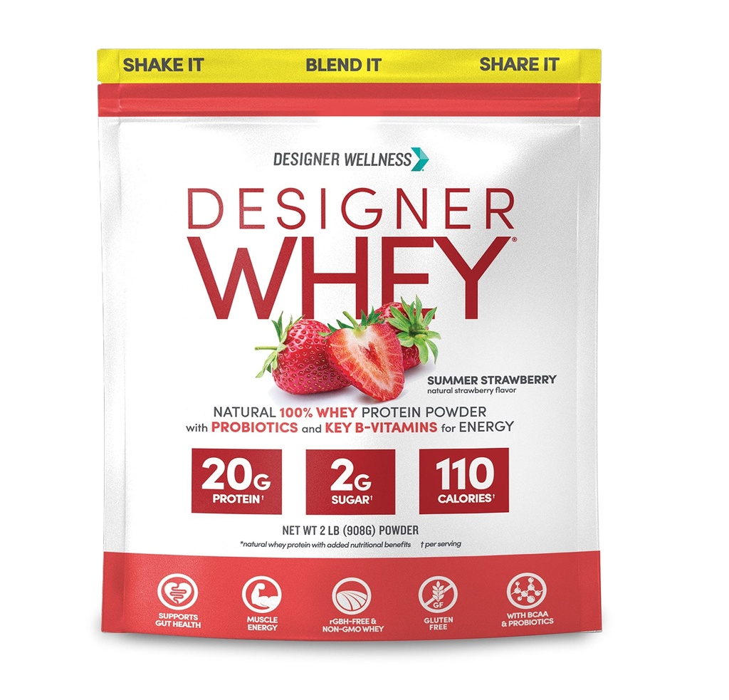Designer Wellness, Designer Whey, Natural Whey Protein Powder with Probiotics, Fiber, and Key B-Vitamins for Energy, Gluten-Free, Summer Strawberry, 2 lb