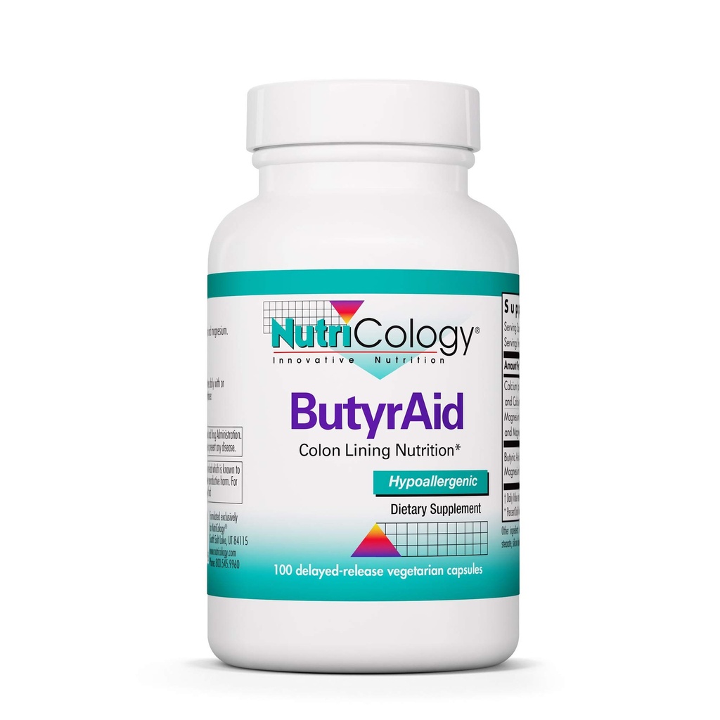 Nutricology Butyraid Supplement 200 mg - Butyrate, Gut Health, Butyric Acid, Tributyrin Complex, Colon Lining Nutrition, Postbiotika, Delayed- Release Vegetariske Kapsler - 100 Tæl