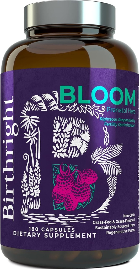 Fødselsret Komplet prenatal supplement til Føtale Udvikling... Folate, Cholin + DHA, fra Græs Fed Lever, Fish Æg, Colostrum, Bone Marrow, med All Natural Herbal Blend Bloom