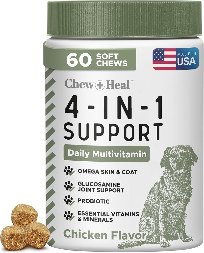 Alt i 1 Hund Vitamin og Kosttilskud, 60 Soft Chew Multivitaminer med Glucosamin, Probiotika, Omega Fish Oil -for hud, Coat, Hip, Joint & Gut Sundhed -Senior, Puppy, Store & Små Hunde