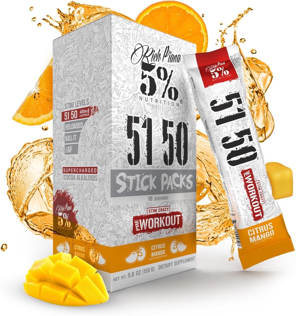 5% Nutrition Rich Piana 5150 High Stim Pre- Workout Powder Packets ttesmå 124; Extreme Energy, Focus, Pumps & Endurance Б124; 513 mg Koffein Complex, Citrullin, Beta Alanine, L- Tyrosin (Citrus Mango) (10 Count)