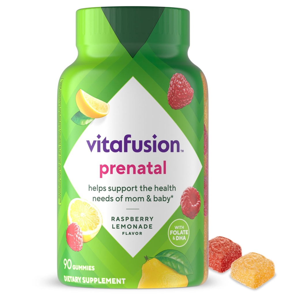 Vitafusion PreNatal Gummy Vitamin, Raspberry Lemonade Flavor, Prenatal Vitamin supplement til kvinder med Folate og DHA, 45 Day Supply, 90 Greve