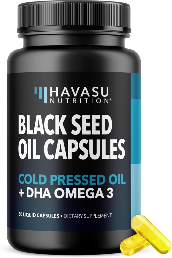 Black Seed Oil med DHA supplement til hjerne sundhed og kognition - Cold Pressed Black Cumin Seed Oil og DHA Omega 3-60 flydende kapsler, Unflavored, Vegan, Non- GMO, og Gluten- Free - 1 Måned Supply