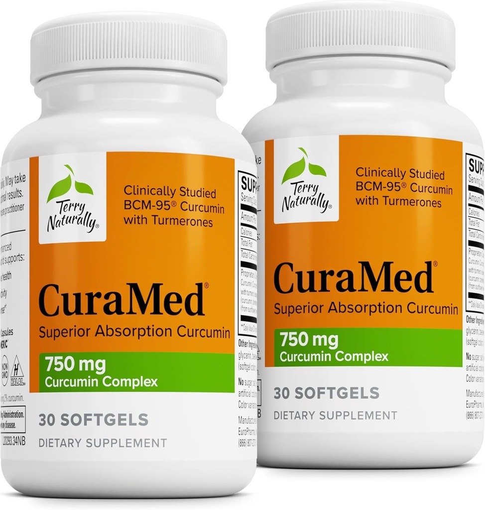 Terry naturligt CuraMed 750mg - Antioxidant supplement til hjerne og hjerte sundhed - tillæg med høj potens Curcumin kompleks - Nyre, lever & immunforsvar - 30 Softgels (pakke med 2)