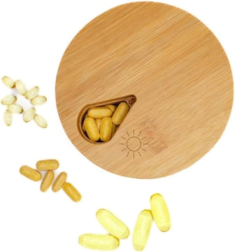 Medicine Organizer Wood Daily Weekly, Travel Pill Organizer and Pill Holder, Vitamin Medicine Pill Organizer Case Box, Pill Box Day, Improved Design with Days of The Week and Solid Wood Lid (Morning)