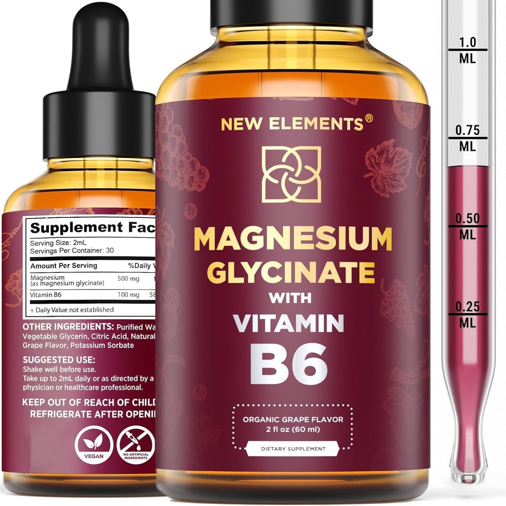 Flydende Magnesium Glycinat Drops med vitamin B6 - Magnesium Supplement 500mg & vitamin B6 100mg