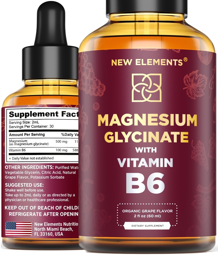 Flydende Magnesium Glycinat Drops med vitamin B6 - Magnesium Supplement 500mg & vitamin B6 100mg