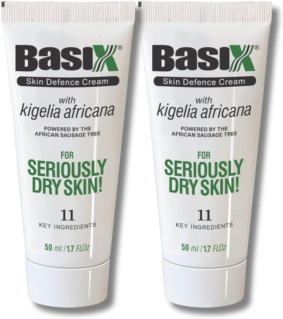 Basix Skin Defence Reparation Cream (Twin Pack) Kigelia African Sausage Tree Sothes Eksem Psoriasis Dermatitis Acne Naturlige ingredienser til tør Itchy Skin Lemon Ginger Plum Rosemary Vitamin E Rose Aloe