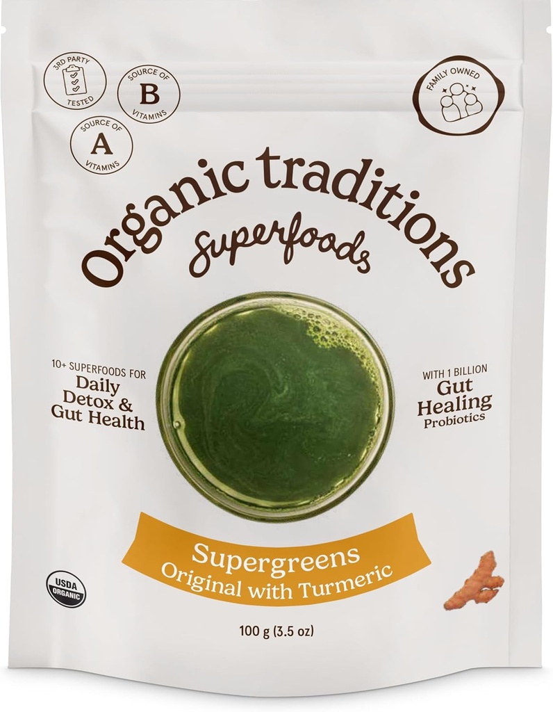 Organic Traditions Super Green Powder Superfood med gurkemeje, Organic Green Superfood Powder, 100g / 3.5oz Taske