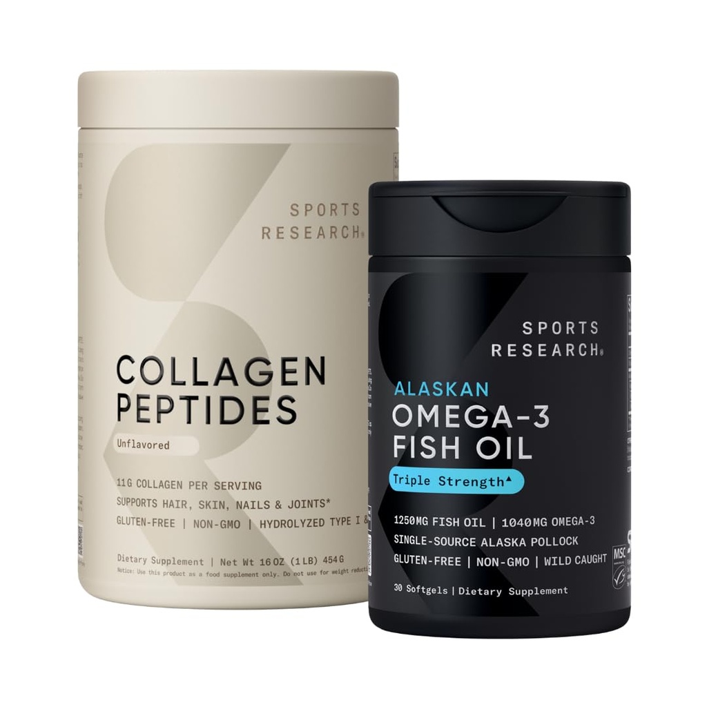 Sports Research Triple Strength Omega 3 Fish Oil 1250mg Burpless Supplement med Omega3s EPA & DHA Non- GMO, Gluten Free and Collagen Peptider for alle genders Hydrolyzed Type 1 & 3 Powder Protein