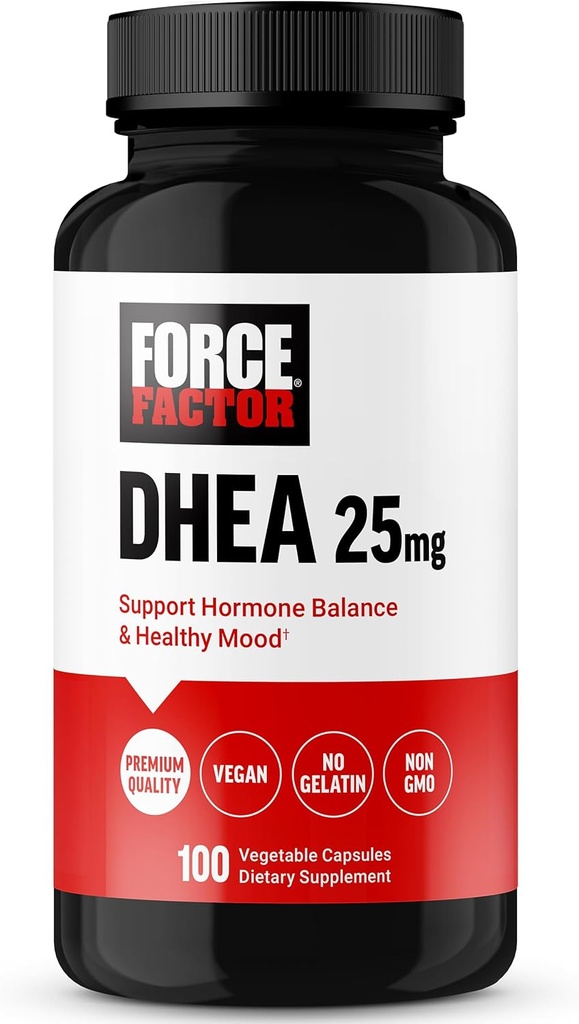 FORCE FACTOR DHEA 25mg, DHEA Supplement for Women and Men to Support Hormone Balance and Healthy Mood, Premium Quality, Vegan Friendly, Non-GMO, 100 Vegetable Capsules