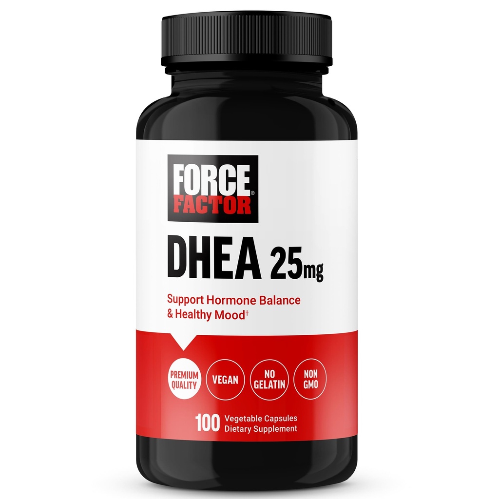 Force Factor DHEA 25mg, DHEA Supplement for Women and Men to Support Hormone Balance and Healthy Mood, Premium Quality, Vegan Friendly, Non-GMO, 100 Vegetable Capsules