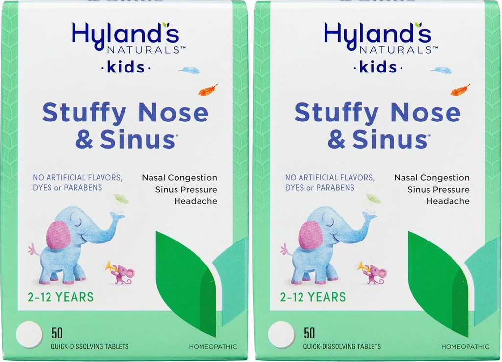 Hyland 's Naturals Kids Stuffy Næse og Sinus Tablets, Cold and Allergy Medicine for Children Age 2 og op, Hovedpine Relief og Nasal Decongestant, Quick Opløsning Tablets, 50 Greve (Pack of 2)