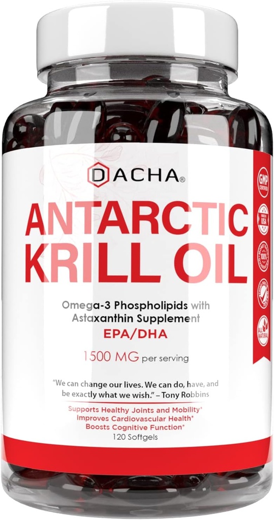 Premium Antarktis Krill Oil Supplement Softgel- 1500 mg med Natural Omega-3, Astaxanthin og Phospholipids 120 Soft Gels, 180mg EPA & 120mg DHA for immun, Memory Support, Heart Health Non- GMO