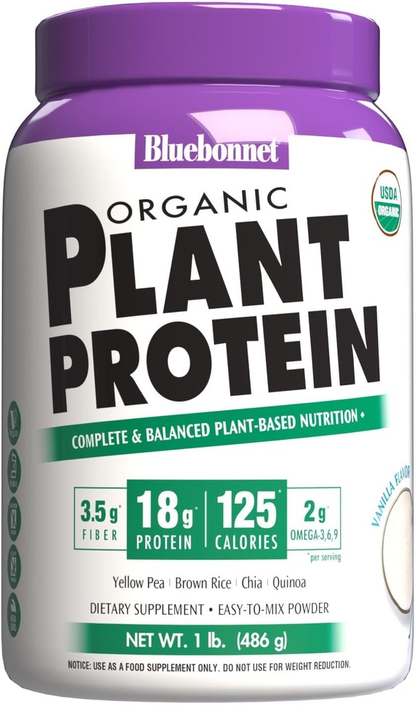 Bluebonnet Nutrition Organic Plant Protein - 18g Protein, 3,5g Fiber - Chia, Quinoa & Mere - Non-GMO, Vegan, Kosher, USDA Organic, No Sugar Added - Free of Gluten, Soy & Milk - 1 LB, Vanilla Flavor
