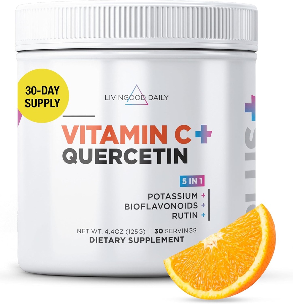 Livingood Daily High Dosis Vitamin C Powder Supplement, 2.600 MG Ascorbic Acid Powder understøtter Immunitet & Hudsundhed, pulveriseret C-vitamin med Quercetin, sødet med Stevia, Vegan, 30 Servere