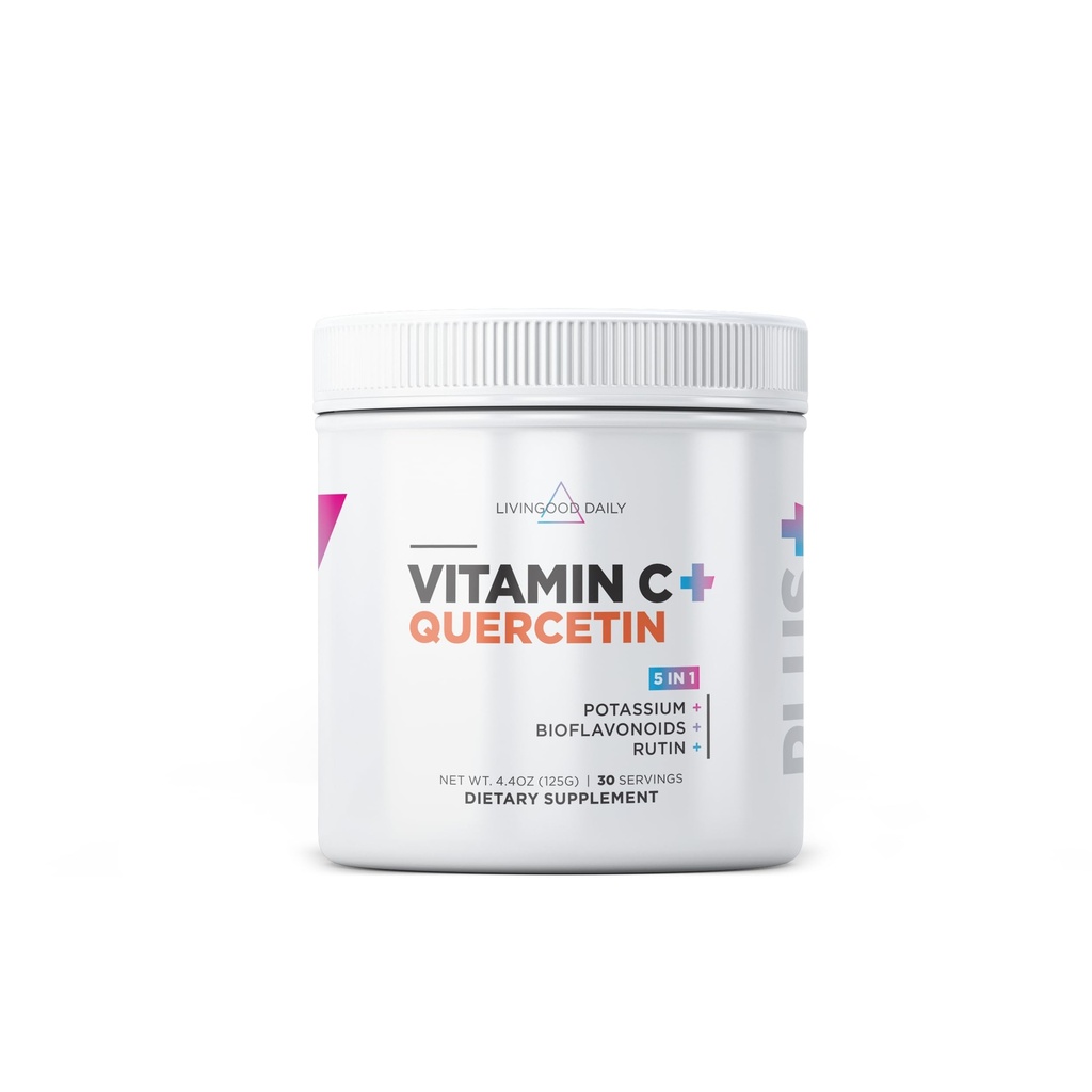 Livingood Daily High Dosis Vitamin C Powder Supplement, 2.600 MG Ascorbic Acid Powder understøtter Immunitet & Hudsundhed, pulveriseret C-vitamin med Quercetin, sødet med Stevia, Vegan, 30 Servere