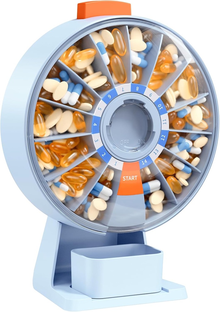 Daviky Pill Dispenser Daglig, Stor Pill Organizer med Wall- monteret eller stående brug, 14 dages Pill Container, Trykknap Design, Ugentlig Pill Box for Vitamin, Medicin, tillæg, Fish Oil (blå)