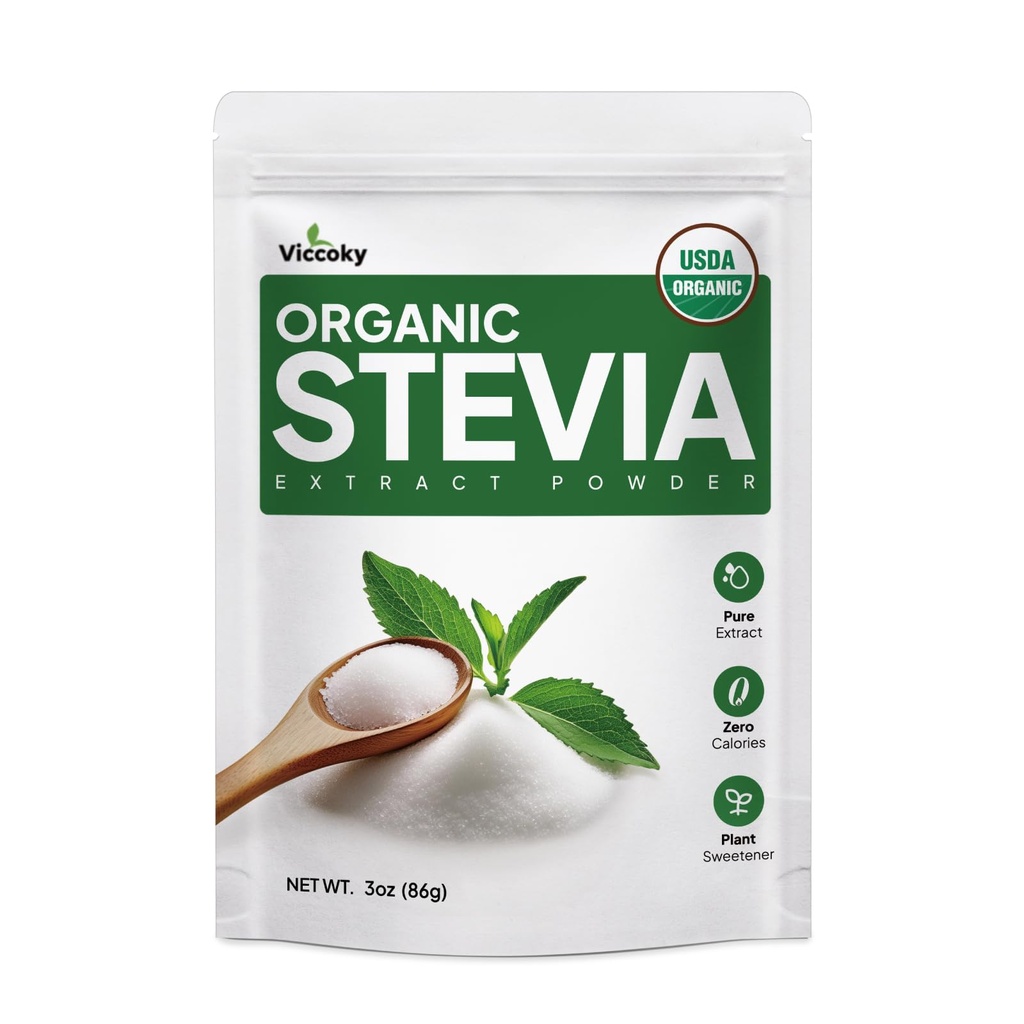 Viccoky Organic Stevia Powder 3oz (86g), Pure Stevia Extract Powder, Sugar- Free & 0 kalorier, Ingen tilsætningsstoffer, Sukker Substitute, Natural Sweetener