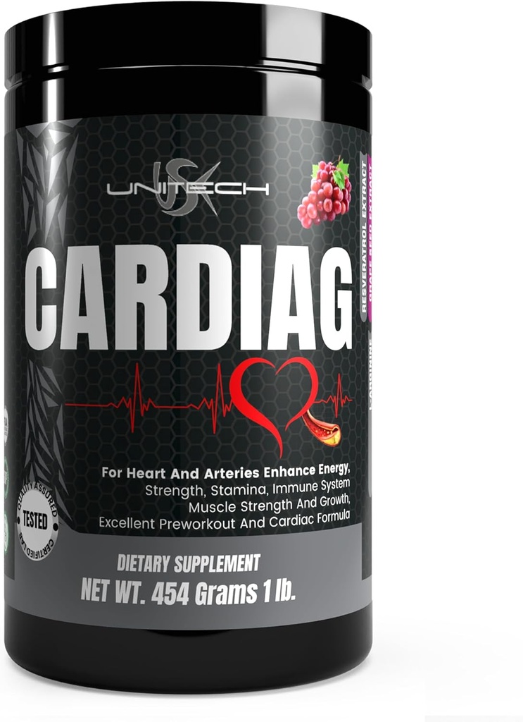 Unitech USK Kardiag Grape Powder Dex124; Natural Supplement with L- Arginin, L- Citrullin, Grape Seed Extract, Resveratrol, og Coenzym Q10 Dex124; Grape Flavor, 16 oz