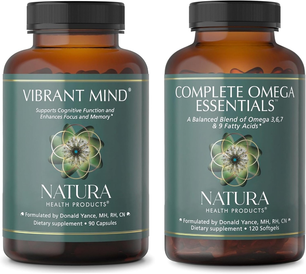 Natura Health Products Vibrant Mind and Complete Omega Essentials Supplement Bundle - Nootrop Brain Supplement for Memory and Focus - Balanced Blend of Omega 3, 6, 7, & 9 Fedtsyrer