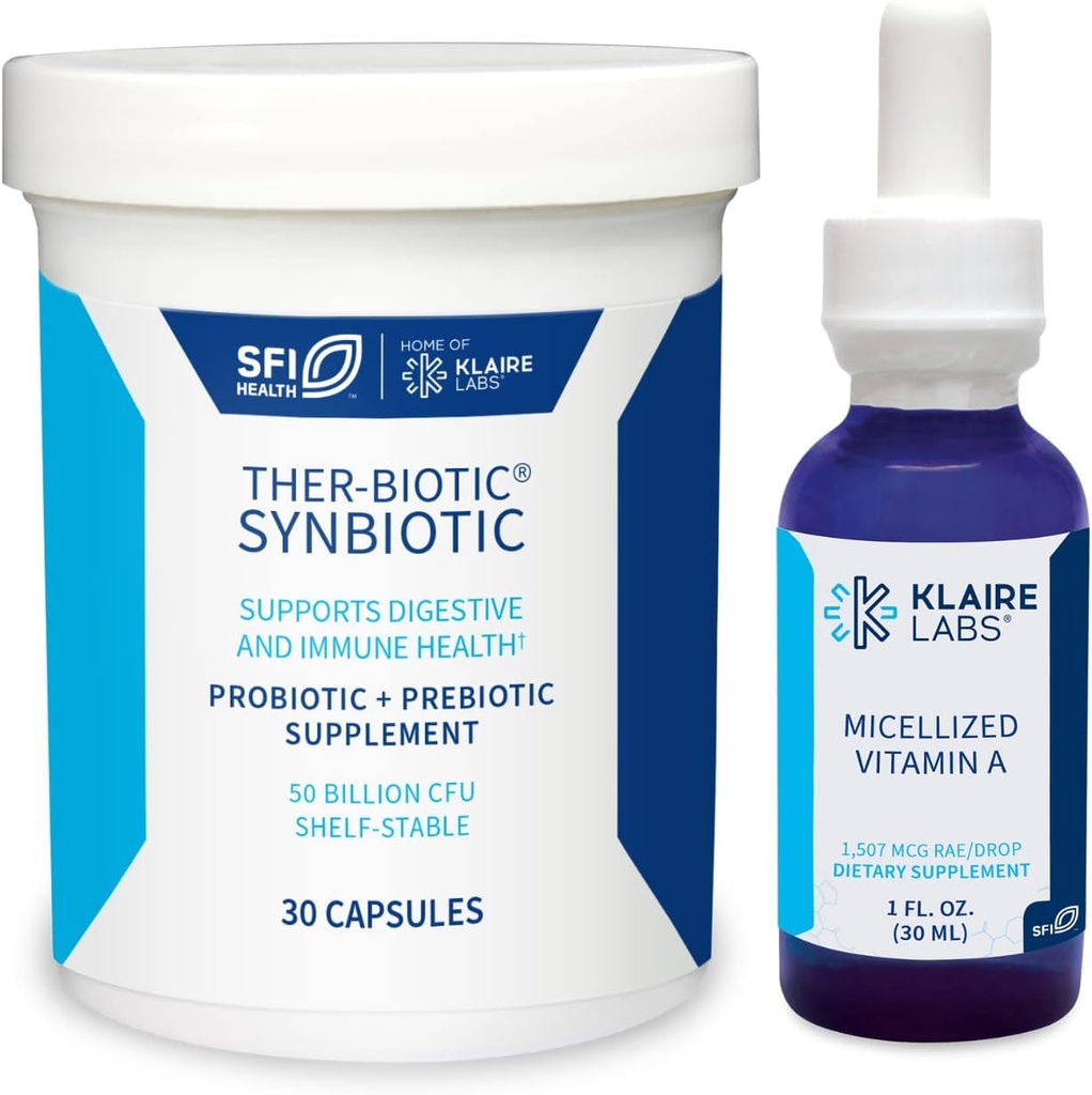 Claire Labs Ther- Biotic Synbiotic Probiotic (30 kapsler) & Michelized Vitamin A Liquid (1 oz / 600 Servere) 5000 IE Bundle - fordøjelig sundhed & immunforsvar - Hypoallergen 2 produktsæt