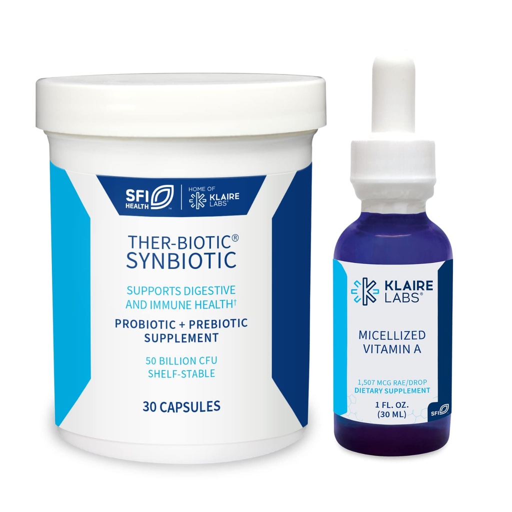 Claire Labs Ther- Biotic Synbiotic Probiotic (30 kapsler) & Michelized Vitamin A Liquid (1 oz / 600 Servere) 5000 IE Bundle - fordøjelig sundhed & immunforsvar - Hypoallergen 2 produktsæt