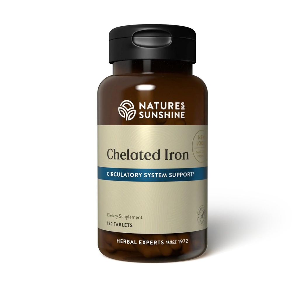 Nature 's Sunshine Iron- Chelated 25mg, 180 tabletter Note 124; Giver Circulatory System Support, Hjælper transport af oxygen til væv, og Giver 25 mg jern per tablet