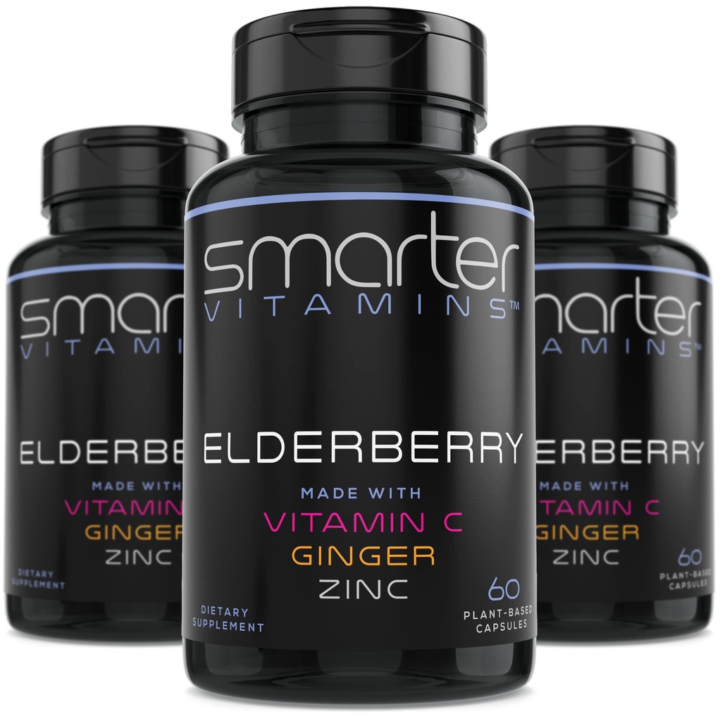 (3 Pack) Smarter Elderberry Kapsler + C-vitamin + Ginger & Zink, Urtetilskud, kraftfuld Black Elder Berry Extract Antioxidant Vitamin, 180 Vegan piller