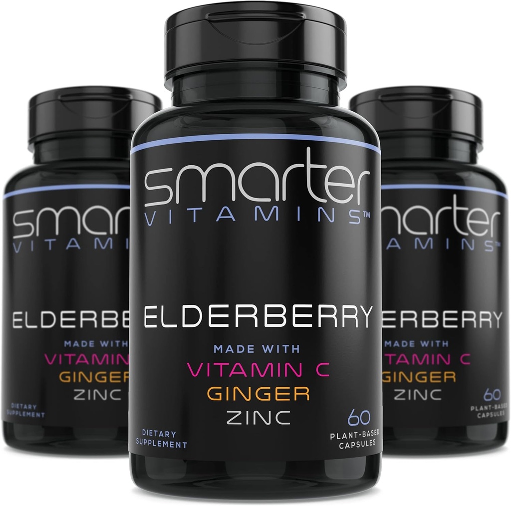 (3 Pack) Smarter Elderberry Kapsler + C-vitamin + Ginger & Zink, Urtetilskud, kraftfuld Black Elder Berry Extract Antioxidant Vitamin, 180 Vegan piller