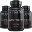(3 Pack) Smarter Elderberry Kapsler + C-vitamin + Ginger & Zink, Urtetilskud, kraftfuld Black Elder Berry Extract Antioxidant Vitamin, 180 Vegan piller