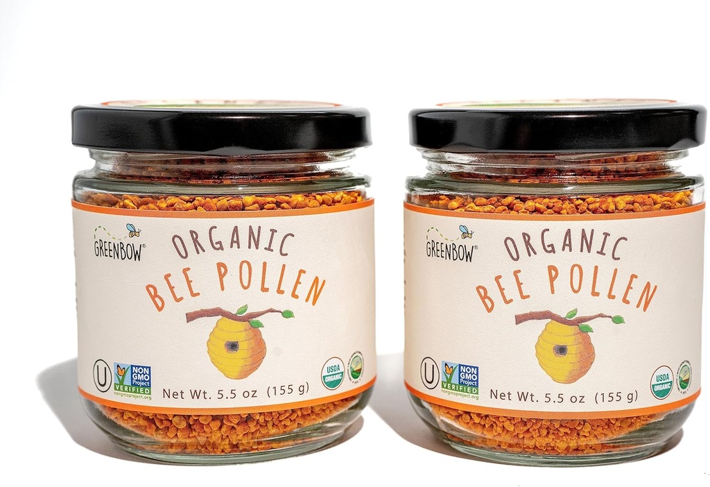 Greenbow Organic Bee Pollen - 100% USDA Certified Organic, Non- GMO, Pure, & Natural Bee Pollen - Superfood pakket med proteiner, vitaminer & mineraler - Kosher Certified, Gluten Free -155g x 2 krukker