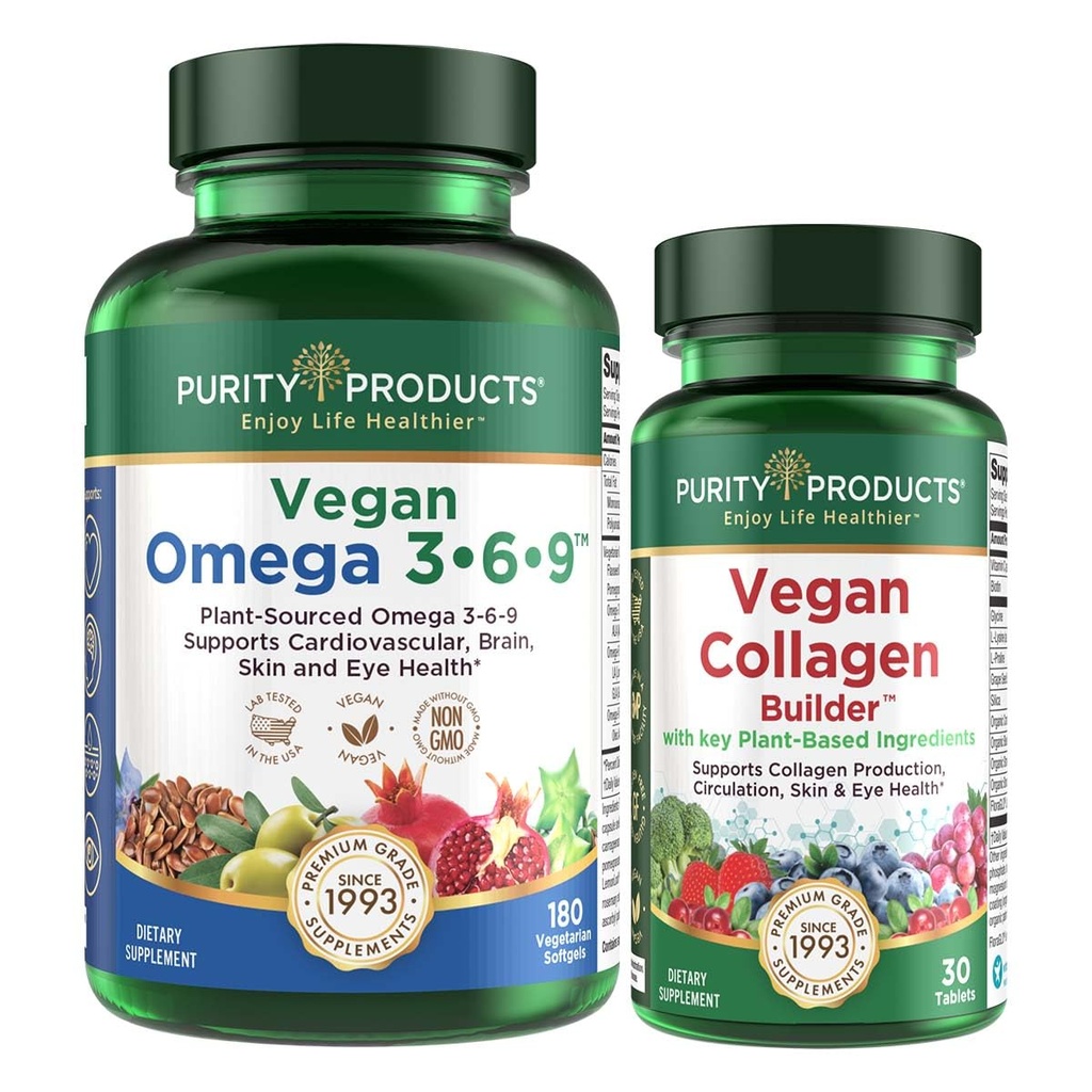 Renhed produkter Bundle - Vegan Omega 3-6-9 (180 ct) + Vegan Collagen Builder Omega 3-6-9 ("5 i 1" Plant- baseret Omega Essential Fede Acid) - Vegan Collagen Builder (w / Key Plant- baserede ingredienser)