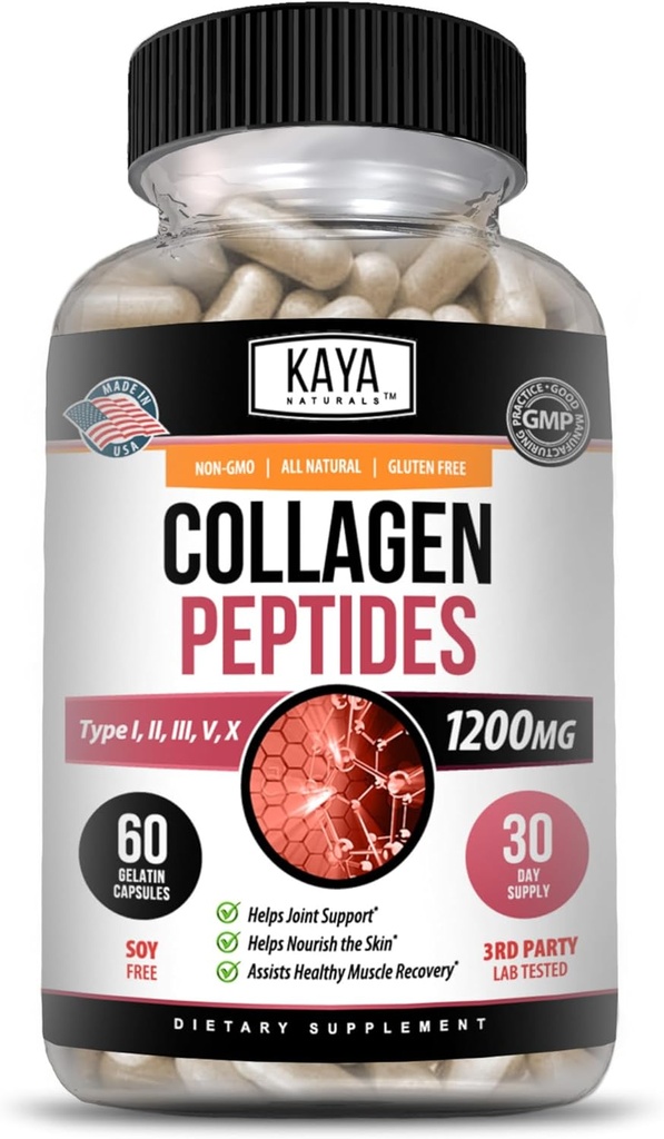 Kaya Naturals Multi Collagen Peptider Complex pulver til kvinder og mænd, type I, II, III, V & X; 60 Greve kapsler