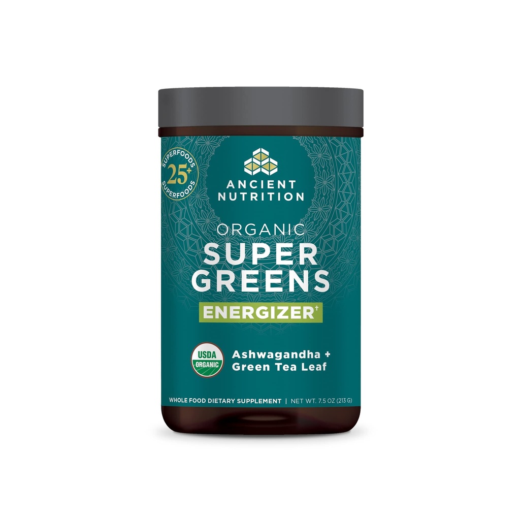 Ancient Nutrition Organic SuperGreens Energizer Powder med Probiotika og B12, Lavet af ægte frugter, grøntsager og urter, til fordøjelse, afgiftning og energistøtte, 25 Servering