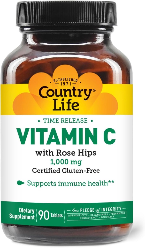 Country Life Vitamin C 1000mg with Rose HIPS - Time Release immunsupport supplement - Antioxidant Protection - Vegan, Gluten- Free, Preservative- Free - 90 tabletter