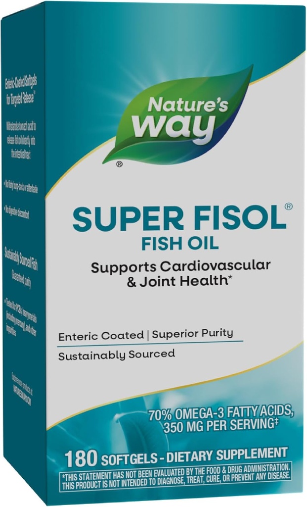 Nature 's Way Super Fisol Fish Oil, Enteric Coated, Understøtter cardiovaskulær og fælles sundhed *, Mega Potency Omega- 3s, 180 Softgels (Packaging May Vary)
