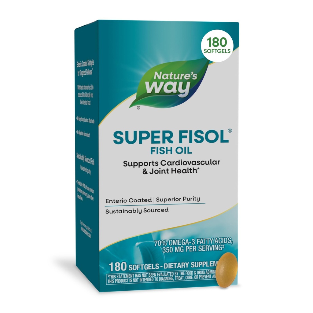 Nature 's Way Super Fisol Fish Oil, Enteric Coated, Understøtter cardiovaskulær og fælles sundhed *, Mega Potency Omega- 3s, 180 Softgels (Packaging May Vary)