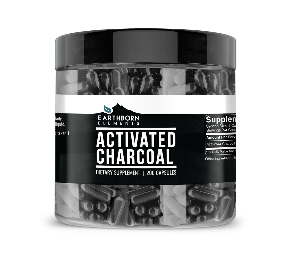 Earthborn Elements Activated Charcoal Capsules, 200 Capsules, Odorless & Non-Toxic Powder