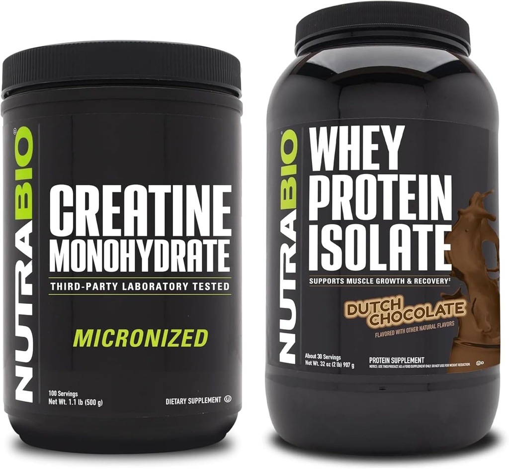 Nutrabio Creatin monohydrat, Unflavored, 500g og Whey Protein Isolate, hollandsk chokolade, supplement Bundle - Muskel energi, Lean muskelvækst, Inddrivelse, og styrke