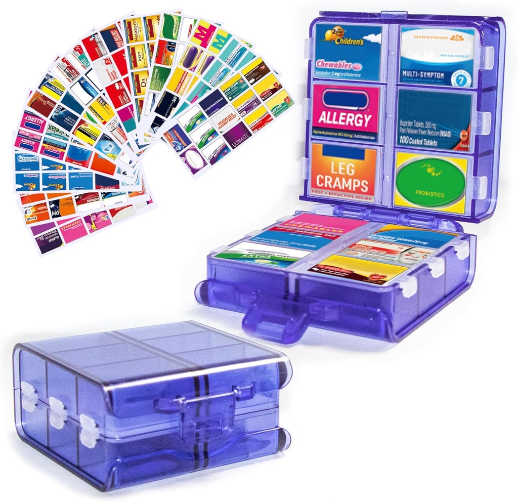 Stor Pill Organizer med Medicine Labels, Pill Dispenser 12- Segment Travel Medication Storage Case, 7-Day Pill Box for Vitamin & Kosttilskud (Blå, 161 Labels)