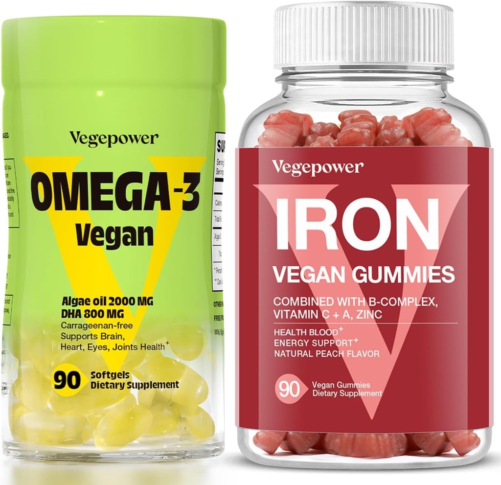 Vegansk jerngumies + Vegansk Algae Omega-3 DHA - Bedste Vitamin supplement til kvinder og mænd, ikke-GMO, Glutenfri