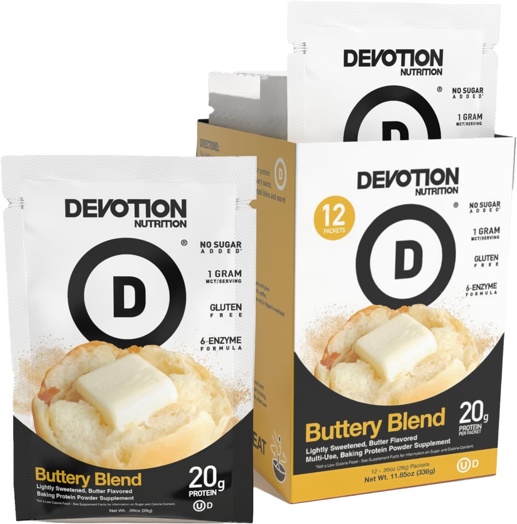 Develotion Nutrition Protein Powder Blend Buddy 124; Gluten Free, Keto Friendly, Ingen Tilføjet Sugarer Buddy 124; 1g MCT Buddy 124; 20g Whey & Micellar Protein Buddy 124; 12 Single Serving Packs (Buttery Blend)