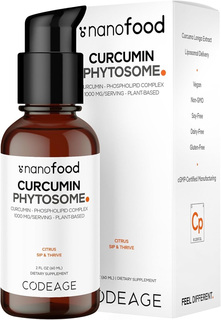 Kodeage Liposomal Curcumin Phytosome Liquid Supplement, Gurkemeje Vegan Liquid Drops, Plant- baseret Curcuma Long- Dropper, Curcumina, Solsikke Phospholipid, Sukkerfri, Citrus Flavor, 2 fl oz